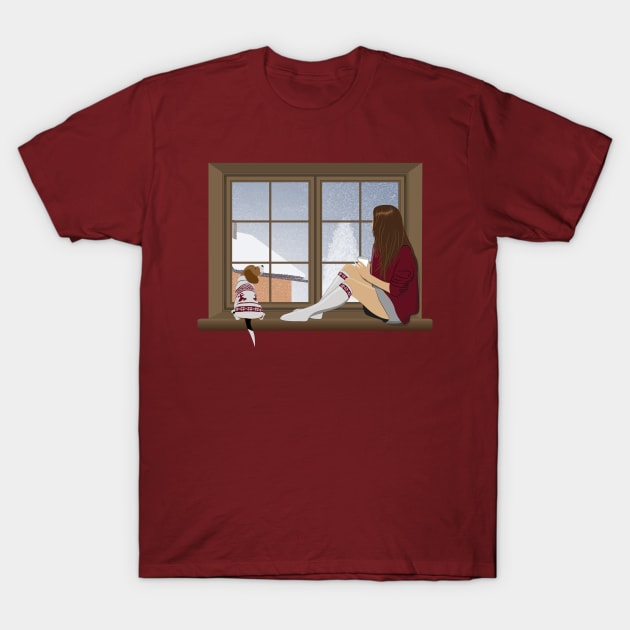 Girl and beagle dog sitting on the window. winter landscape T-Shirt by NinoRc